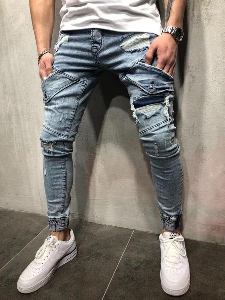 

spring autumn trousers ripped draped pockets designer jean pants mens designer biker denim blue jeans