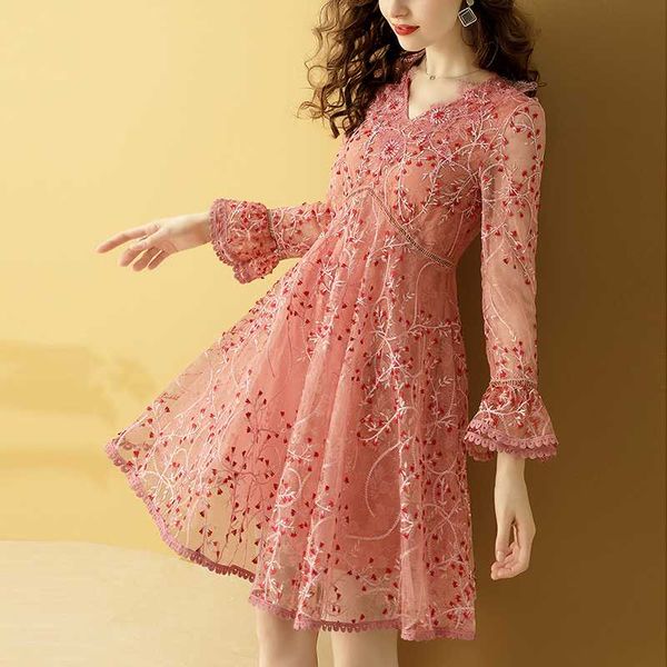 

casual dresses gedivoen autumn vintage short mini dress women v neck floral embroidery mesh fashion designer elegant vestidos, Black;gray