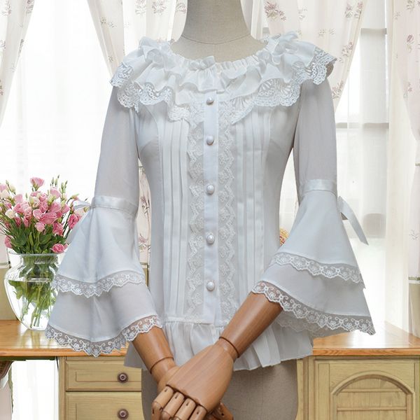 

women's blouses & shirts lolita white flare long sleeve ruffled chiffon slim fitting sweet blouse for lady