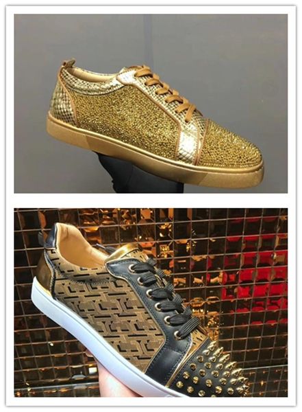 

men women red bottom sneakers golden snake genuine leather high studded spikes flats shoes fashion casual shoes, Black