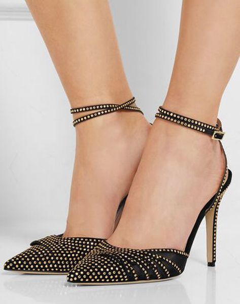 

full golden rivets high heel double ankle straps pumps stiletto heels summer slingback pointed toe banquet wedding dress shoes, Black
