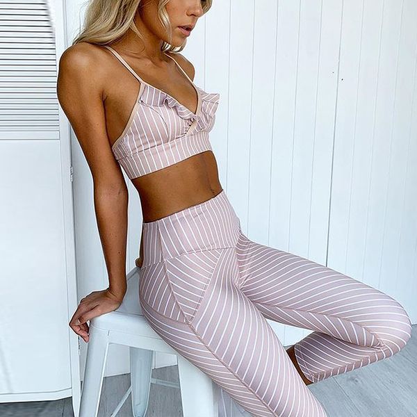 

women yoga set tracksuit sports suit strip fitness ruffle leggings gym wear running clothing sportswear workout sets, White;black