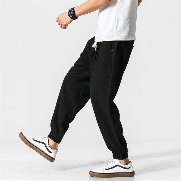 

harem pants men hip hop 2020 new arrival spring summer linen trousers loose vintage wide leg pants male casual joggers a3848, Black