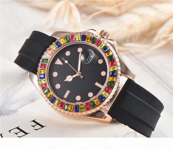 

colorful diamond luxury watch mens watches quartz movement wristwatches 42mm mens designer watches silicone strap de luxe, Slivery;brown