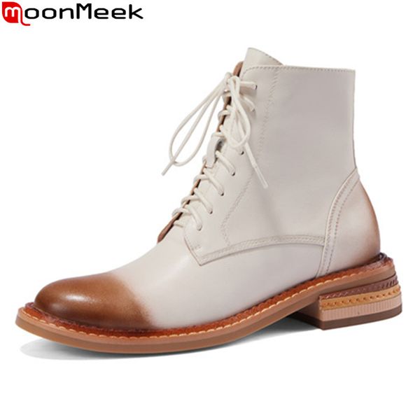 

boots moonmeek 2021 genuine leather med heels round toe comfortable casual ladies shoes autumn winter ankle for woman, Black