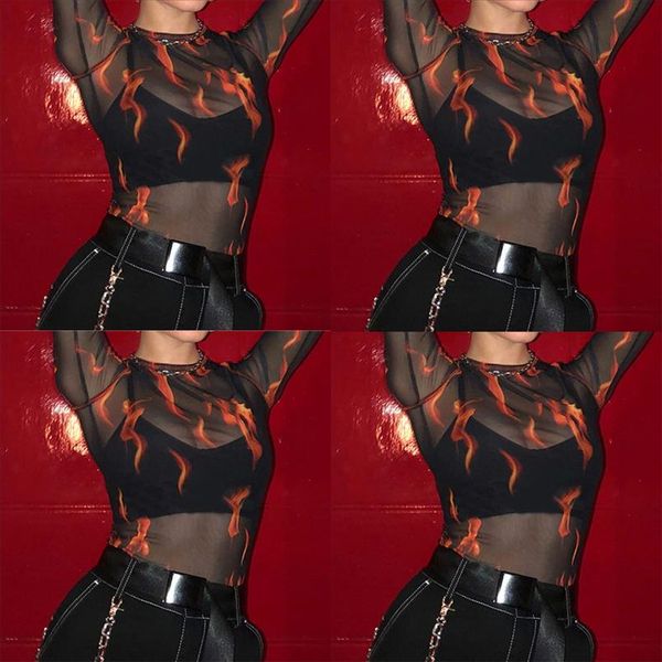 

women shirts new trendy women hollow mesh net t shirt ladies long sleeve see through transparent flame print crop clubwear, White