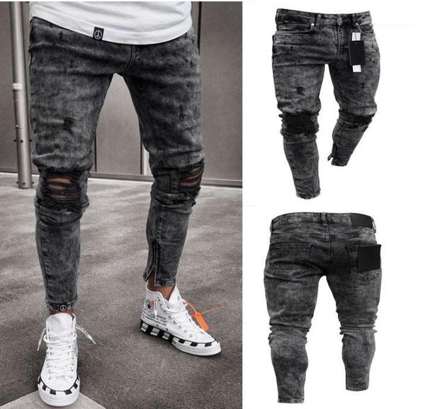 

snow grey spark draped washed long pencil pants fashion elastic knee holes zipper jeans mens desiner jeans, Blue