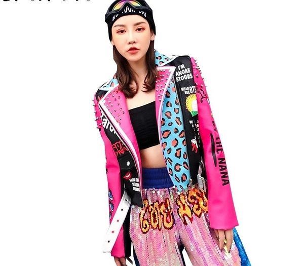 

2018 autumn women jacket coat leopard print rivest beading cool punk women pu leather coat women coat chaqueta mujer y190826, Black;brown