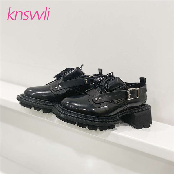 

black leather brand shoes woman belt buckle decor footwear casual female derby shoes flat thick sole platform women