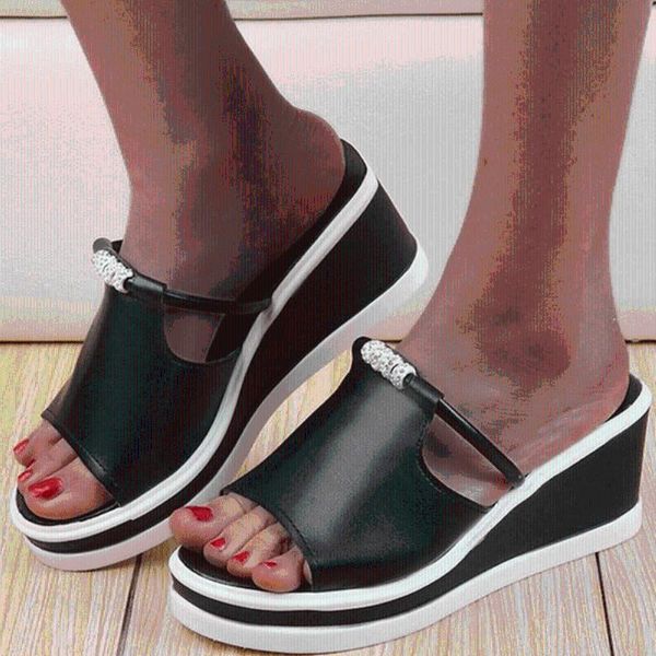 

gigifox 2020 comfy platform wedges heels summer women shoes sandal slippers, Black