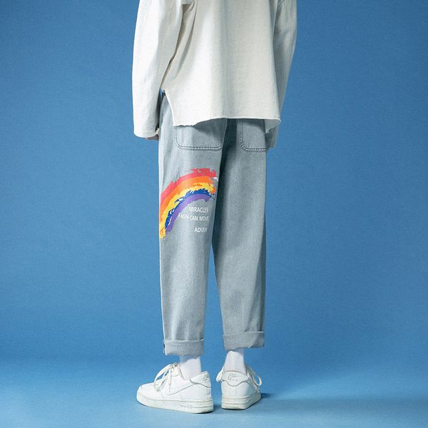 

denim trousers men's trendy brand straight loose printed pants boys trend wild new fashion light-colored nine-point pants, Blue