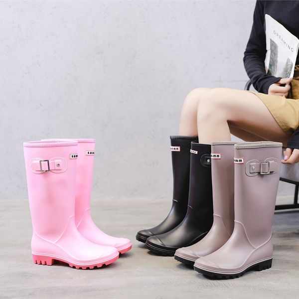 

yeeloca fashion rainboots women knee-high water boots buckle long tube high-grade waterproof shoes womens rubber pvc rain boots y200723, Black