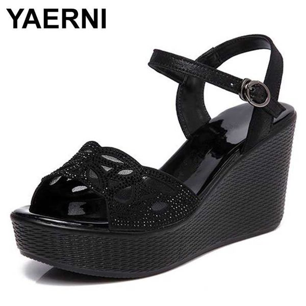 

yaerni new stylish mesh rhinestone open shoes woman summer sandals platform wedge sandals casual fashion summer women, Black