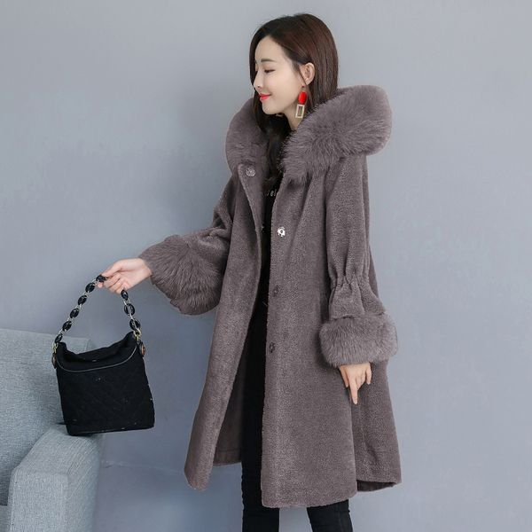 

wywan winter new sheep shearling coat women's mid-length fur particle wool one fur coat, Tan;black