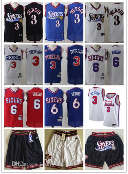

mens philadelphia 76ers throwback jersey allen 3 iverson julius 6 erving basketball jersey basketball shorts black white, Black;red