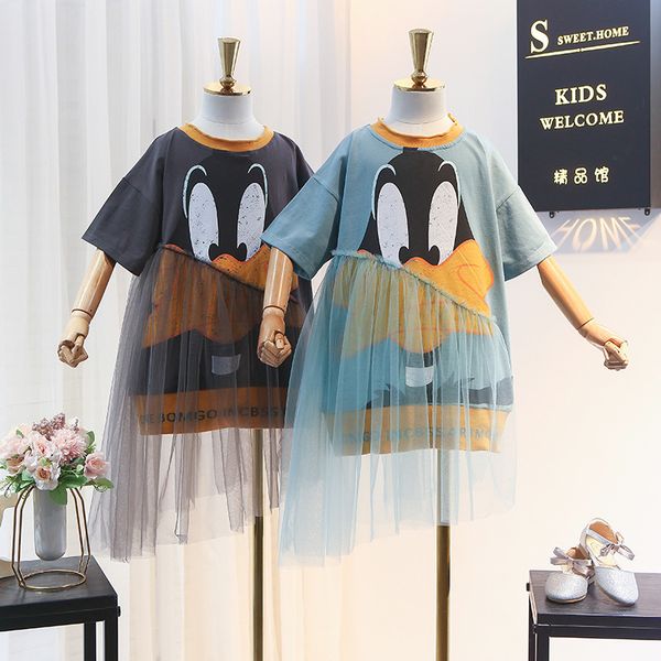 

summer girl dress 2020 new children's cartoon short-sleeved long t spell yarn dress, Red;yellow