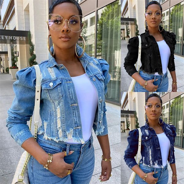 

plus size women denim jackets streetwear hip hop vintage cropped short jean coat puff sleeve slim ripped jeans jacket s-5xl 3 colors f92201, White