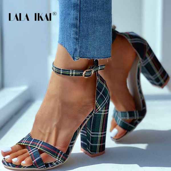 

lala ikai women's summer plaid sandals thick heel stiletto high heels buckle strap open toe ladies shoes large size c10201-5, Black