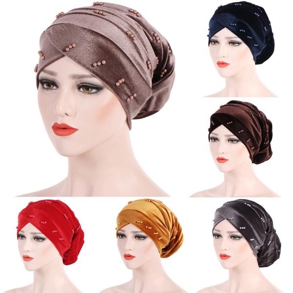 

women solid color soft elastic hat hair head wrap cap slouchy turban pearl dÃ©cor hatqd0006, Blue;gray