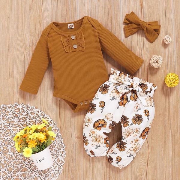 

newborn baby girl clothes set fashion autumn long sleeve solid color romper flower pants headband infant clothing outfits, White