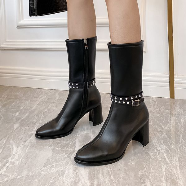 

winter mid calf boots women natural genuine leather chunky heels boots high heel shoes ladies dress party shoes woman size 42 43, Black