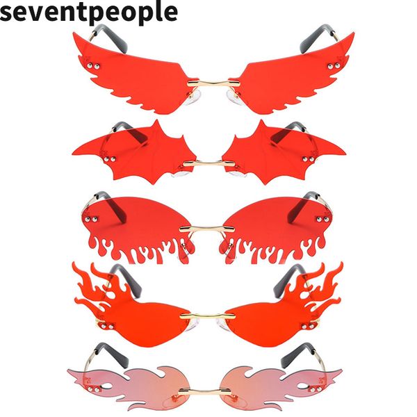 

luxury fashion flame sunglasses women rimless bat sun glasses tears shades eyeglass vintage feather sunglass fire shape eyewears, White;black