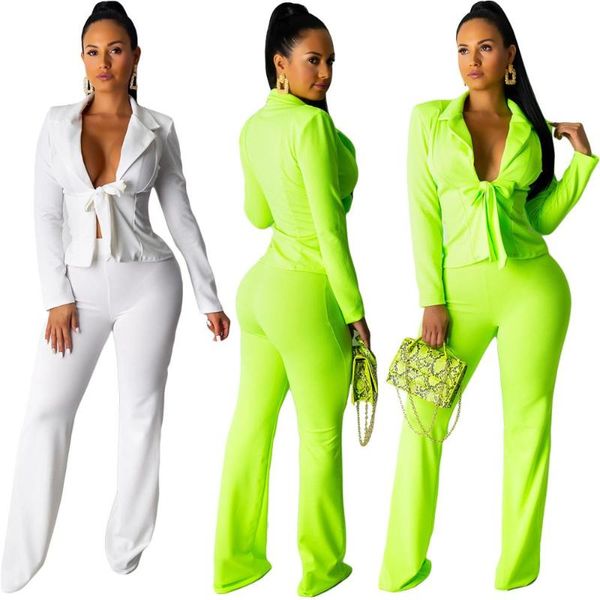 

solid women pants suits elegant two pieces outfits autumn long sleeves coat and long pants fashion women sets 2020, White