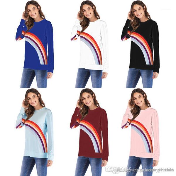 

printed casual o-neck tshirts long sleeved tees clothing women autumn bottoming rainbow, White