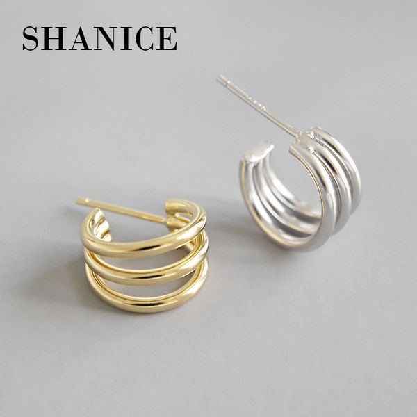 

shanice gold color authentic 925 sterling silver stud earrings ins simple multi-layer line circles student jewelry lucky gift, Golden;silver