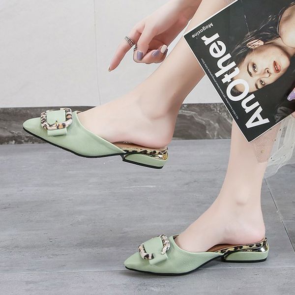 

plus size 35-44 women slippers buckle metal flat slipper pointed toe summer slip on shoes woman slides black zapatos mujer 8090g