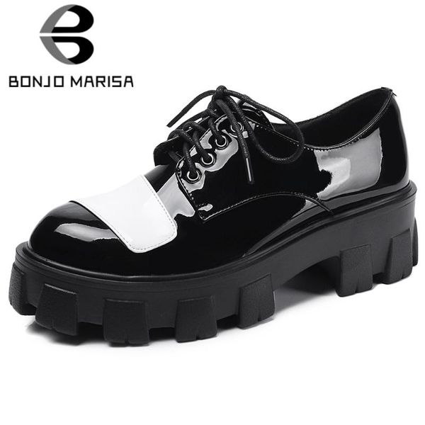 

bonjomarisa fashion concise patchwork dress pumps lace-up patent leather pumps women high chunky heels shoes woman, Black