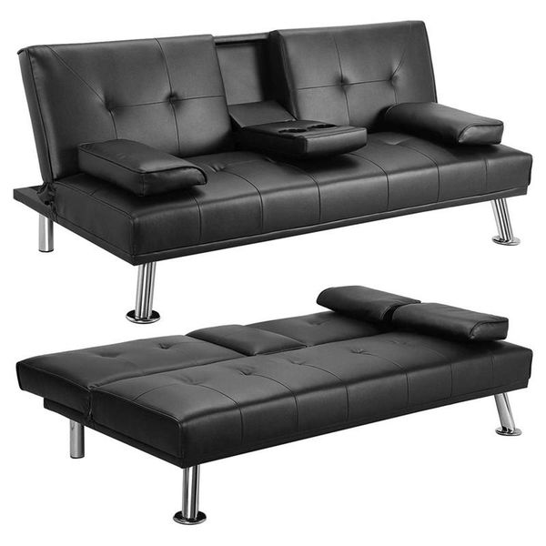 

us stock, black convertible sofa bed with armrest / 2 cup holders/metal legs recliner couch home furniture w36814055