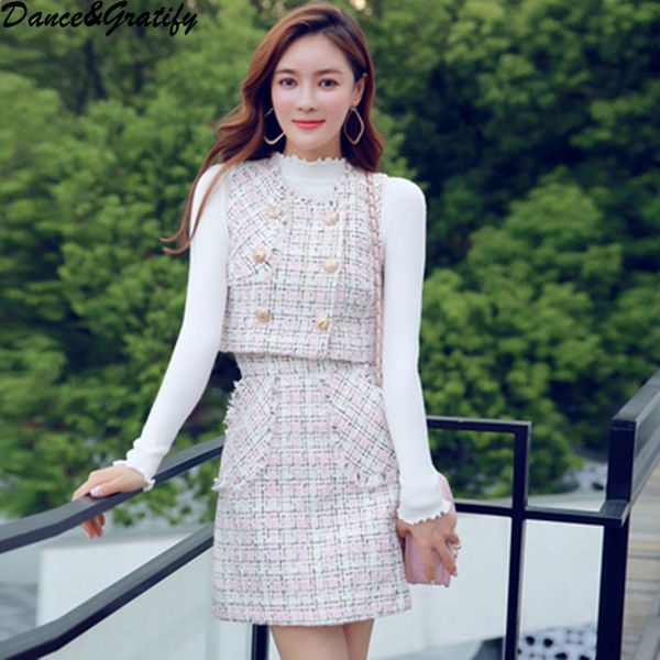 

2020 winter autumn women's tweed wool vest jacket mini skirt 3 pieces twinset ladies white knitting sweater christmas party sets, Gray