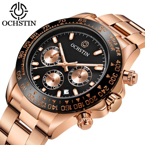 

ochstin classic rose black men's quartz watch 3 dial calendar clock business fashion stainless steel wristwatch top, Slivery;brown