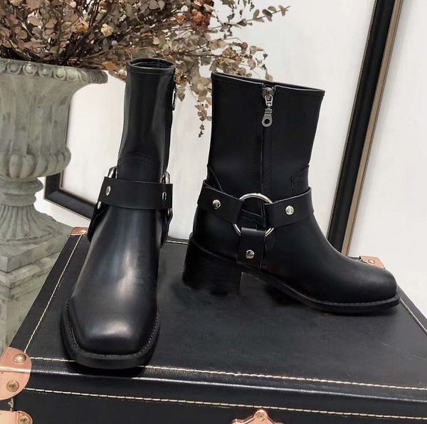 

prowow new genuine leather square toe metal deco ankle boots zip side thick heel luxury boots shoes women, Black