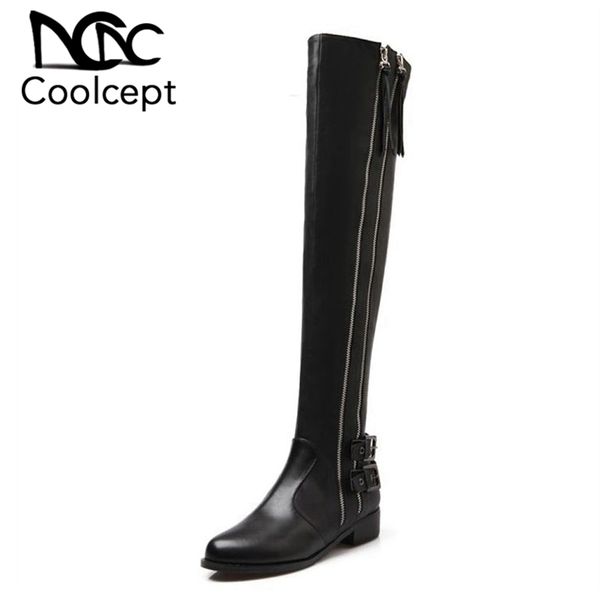 

women genuine real leather knee boots winter boots high heel round toe zipper fashion buckle women shoes size 34-39, Black