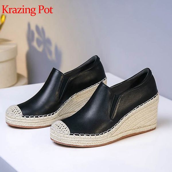 

krazing pot full grain leather french romance straw high heels mixed color increaseing wedges round toe fashion women pumps l7f2, Black
