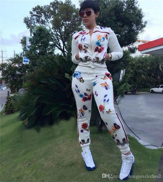 

конструктор tracksuit white crew шеи 2pcs костюмы одежда мода длинным рукавом с застежкой-молнией костюмы для печати цветы женщины, Gray