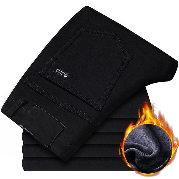 

men's jeans 2021 men fashion winter black color slim fit stretch thick velvet pants warm casual fleece trousers male, Blue