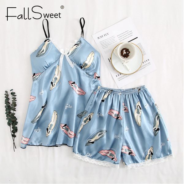 

fallsweet sleeveless satin pajamas set for women lace sleepwear v neck print two piece set lingerie, Black;white