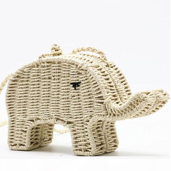 

cartoon elephant straw handbag chic women's shoulder messenger bag beach woven mini cute casual crossbody purse j407