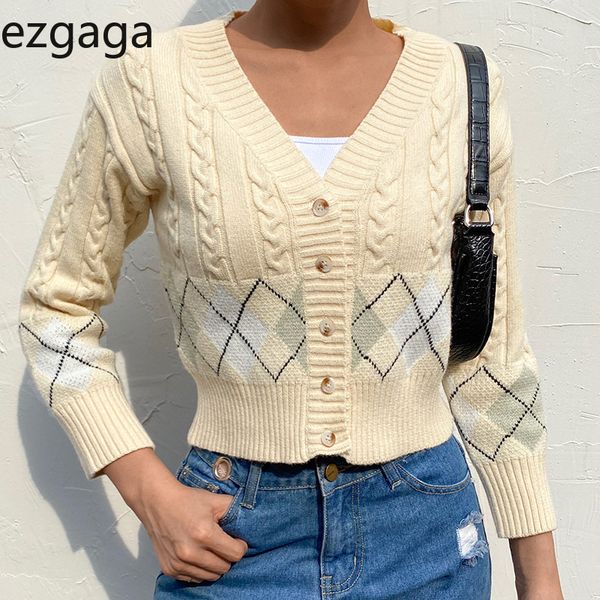 

ezgaga повседневный свитер женщин осень v-образным вырезом с длинным рукавом кардиган однобортный all-match ladies argyle tops зимняя мода 2, White