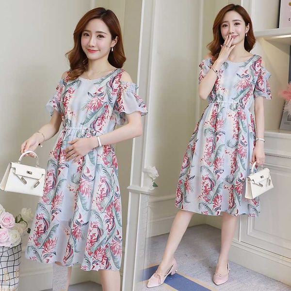 

036# maternity clothes summer chiffon short sleeve easy matching loose floral dress for pregnant women pregnancy clothes, White