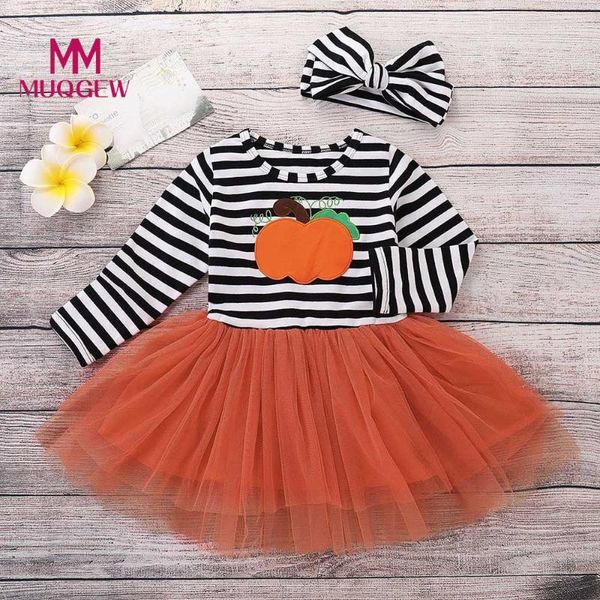 

baby clothes girl winter pumpkin striped embroidery halloween dress+headbands set roupa infantil menino, White