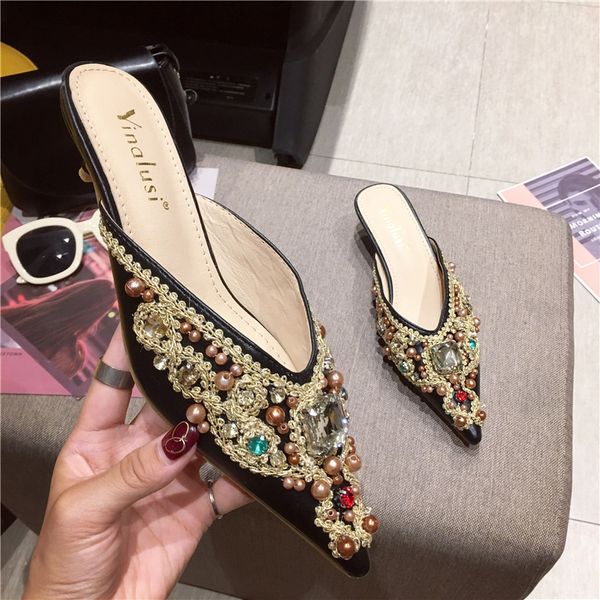 

thin heels mules for women 2020 string bead loafers cover toe ladies' slippers glitter slides female shoes fashion med pointed, Black