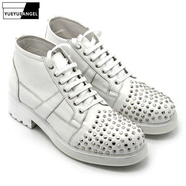 

boots 2021 rivet thicken white men england style lace up handmade cow leather ankle casual high sneakers botas hombre, Black
