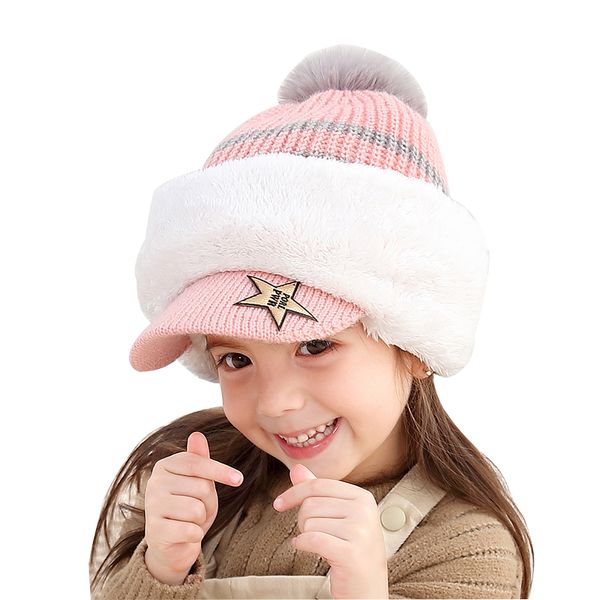 

baby winter hat pom pom beanie hats baby girl and boy hat with warm fleece lining caps for kids ht19025, Yellow