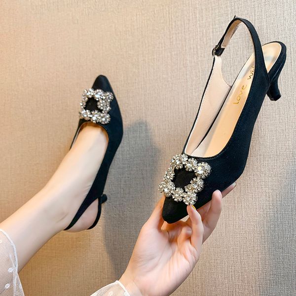 

crystal buckle low heels women slingbacks shoes summer pointed toe sandals women elegant buckle pumps black beige 2020