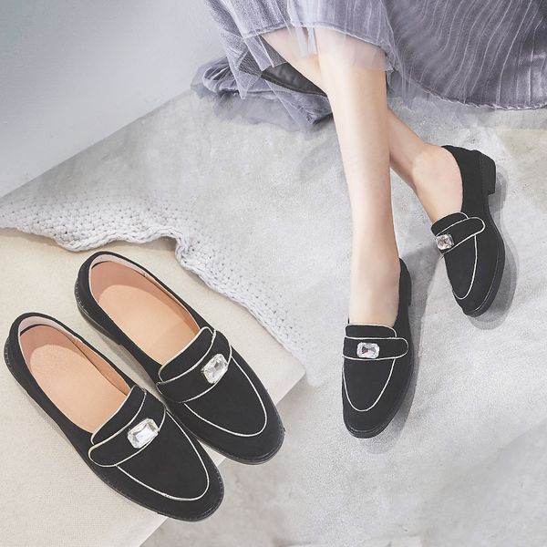 

leather band flat shoes women/girl's big rhinestone loafers all-match flats suede leather brogues calzado mujer, Black