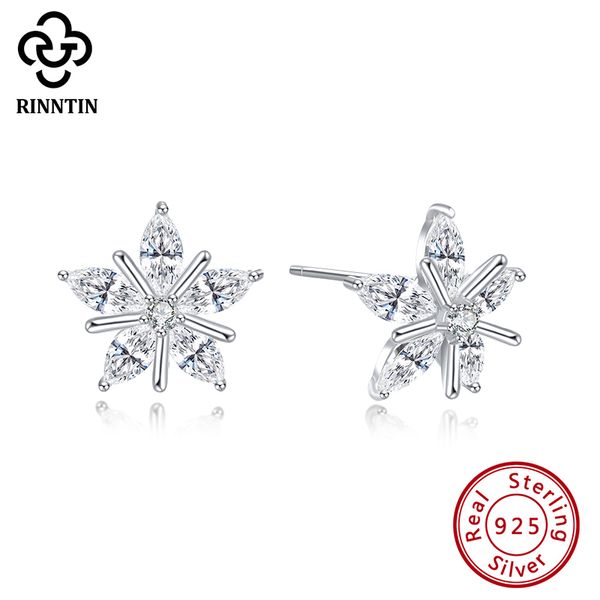 

stud rinntin 100% 925 sterling silver women cz earring snowflake design cubic zircon party jewelry christmas gift tse172, Golden;silver